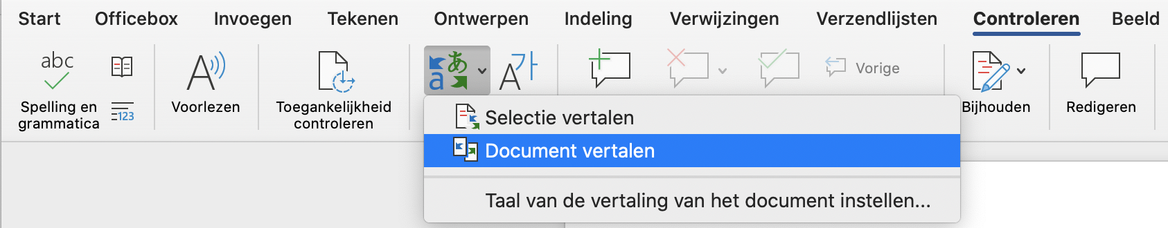 Documenten vertalen - selectie van documenten vertalen in Word-Outlook-OneNote en Excel